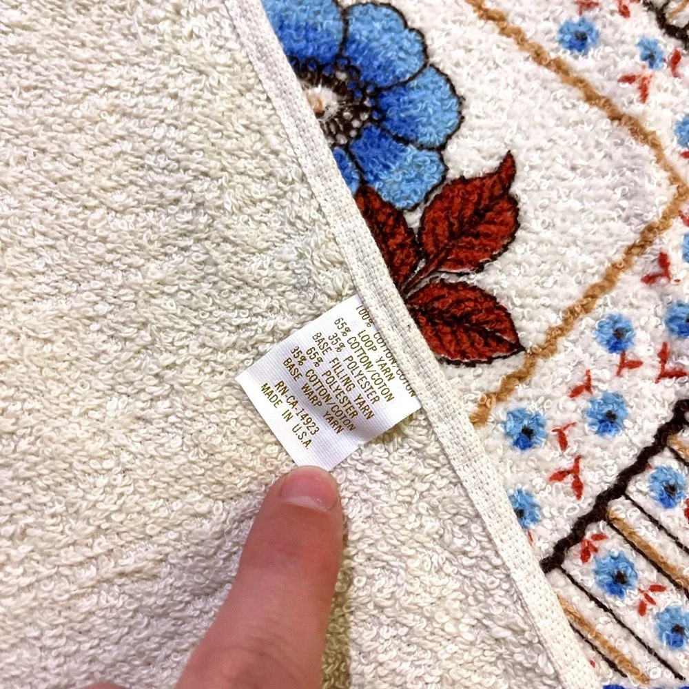 VTG CANNON Hand Kitchen Towel Fringe 70s NOS Blue Rose Butterfly Flower‎